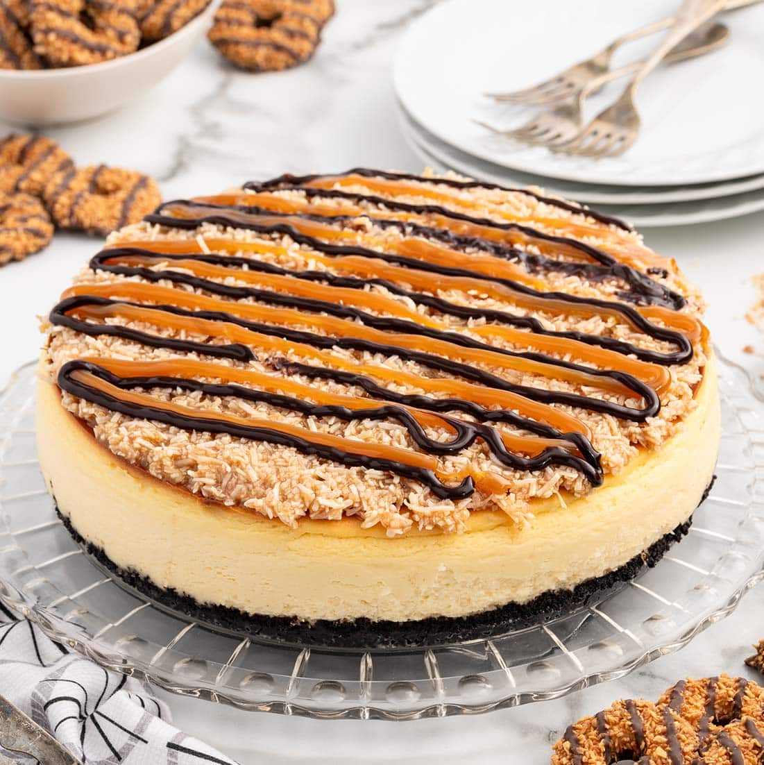 Samoa Cheesecake beautifully presented from an overhead angle