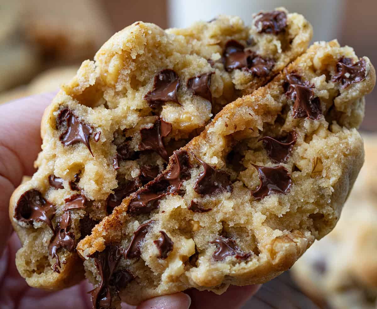 chocolate chip cookies beautifully presented from an overhead angle