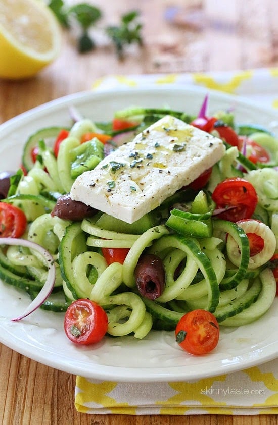 Easy Spiralized Cucumber Greek Salad