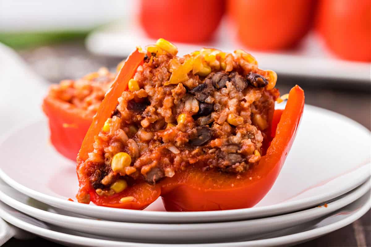 stuffed peppers beautifully presented from an overhead angle