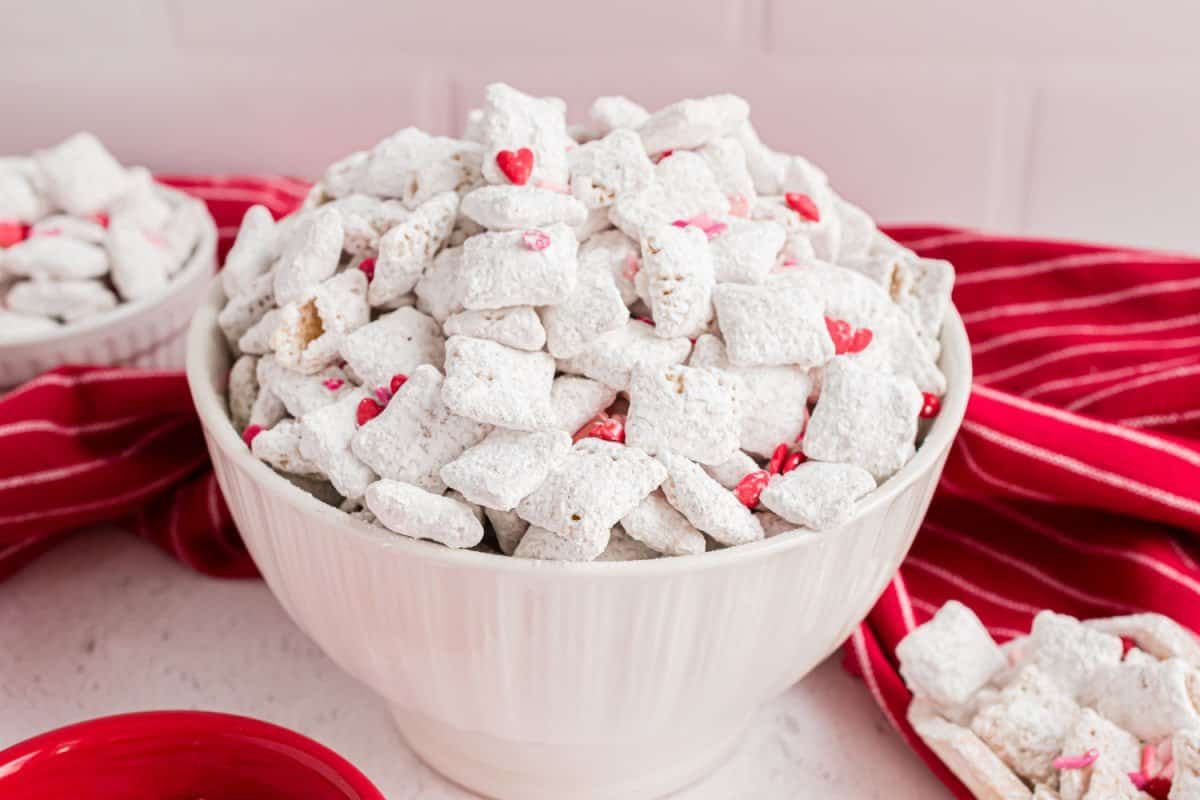 Cherry Puppy Chow beautifully presented from an overhead angle