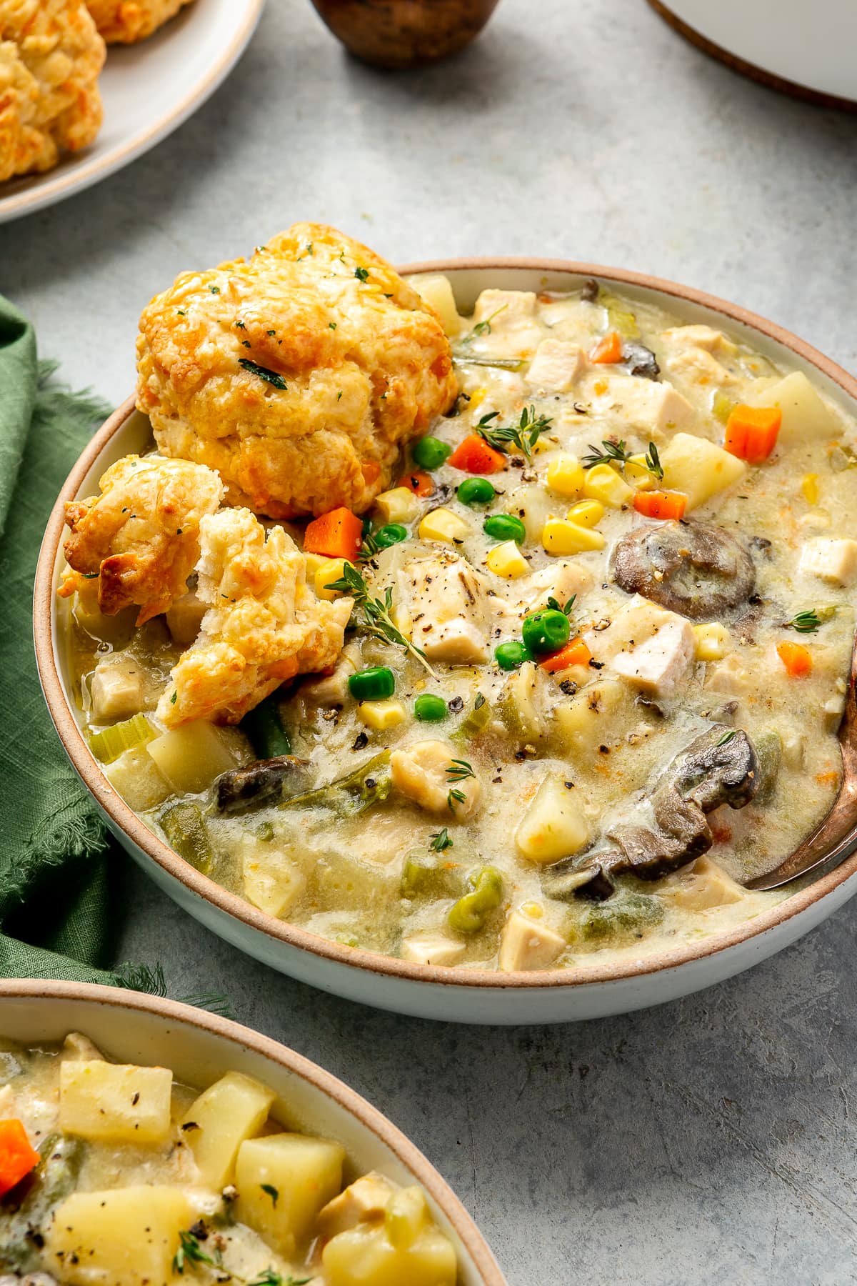 Chicken Pot Pie Soup beautifully presented from an overhead angle