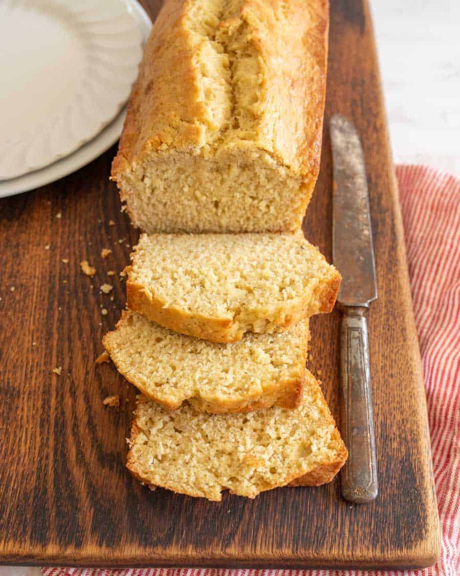 banana bread beautifully presented from an overhead angle