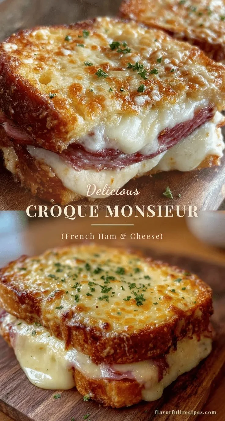 Delicious Classic Croque Monsieur with ham, cheese, and béchamel sauce served on a plate.