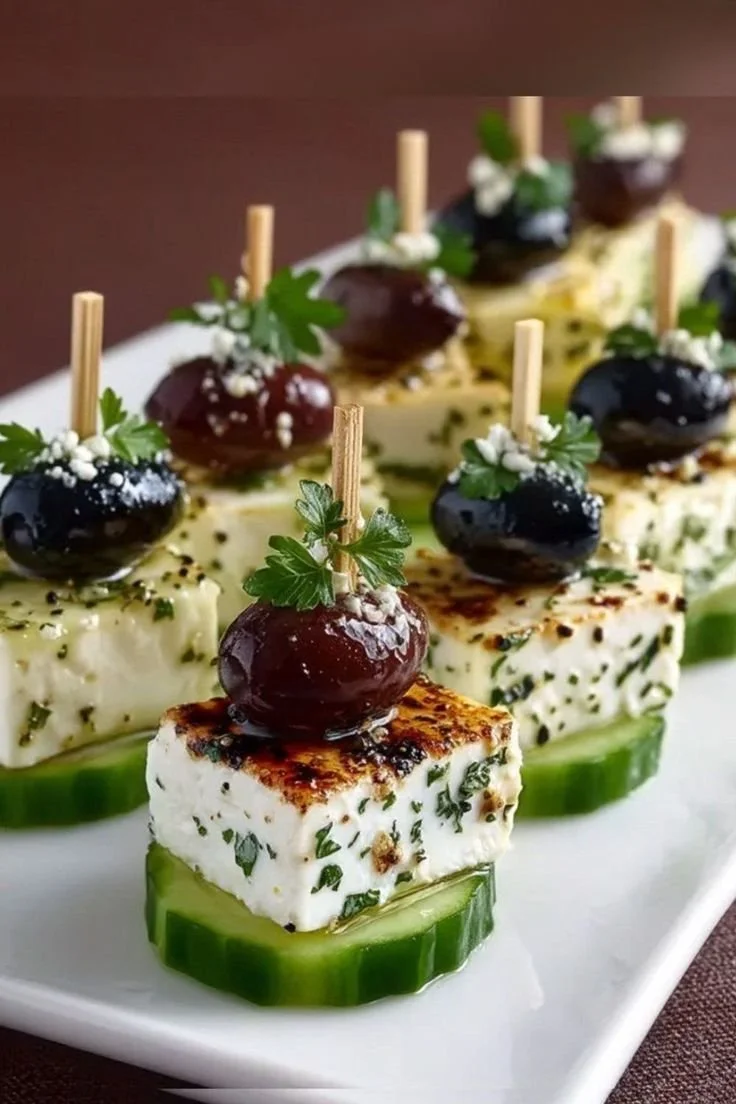 Plate of cucumber bites topped with feta cheese and herbs