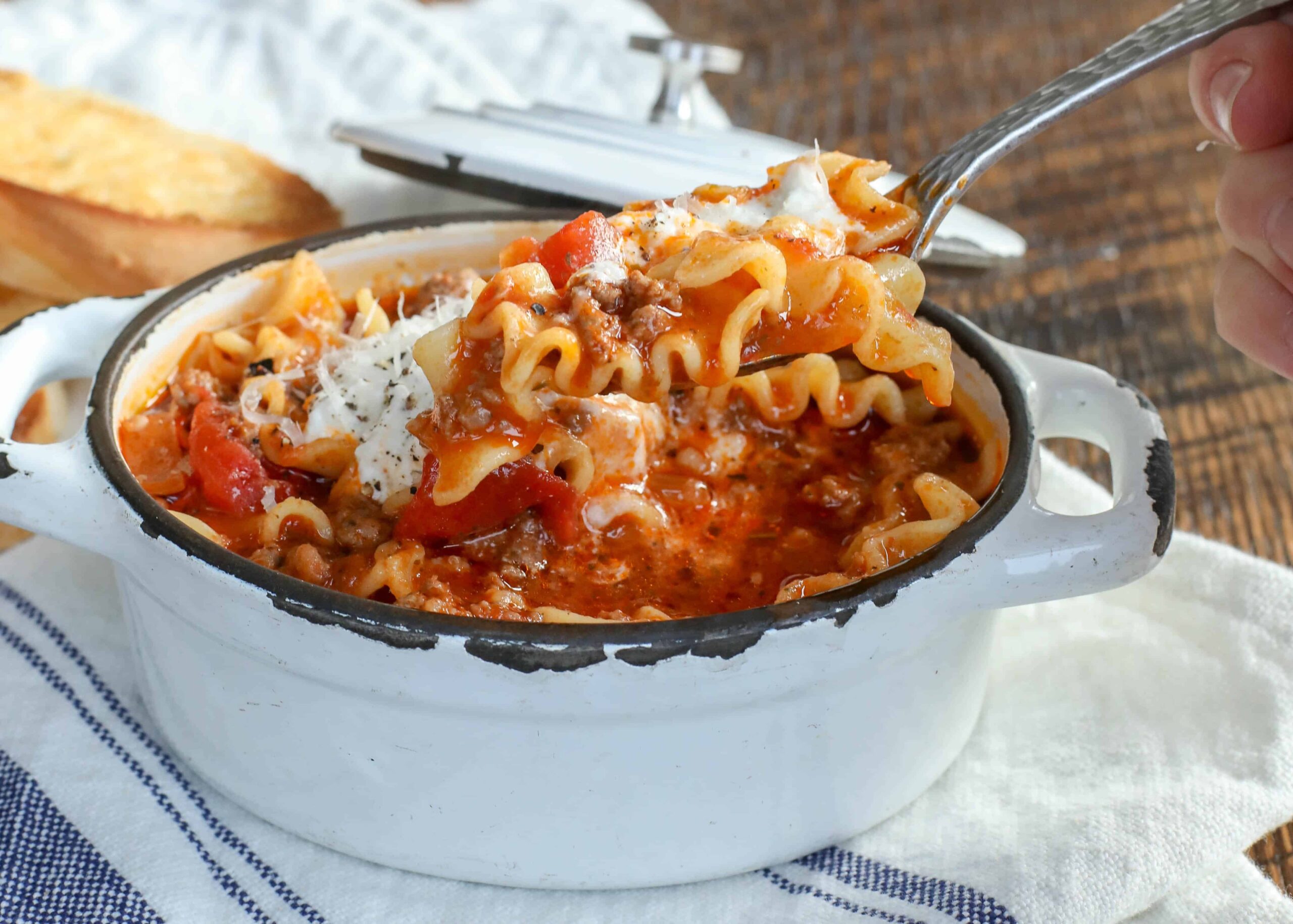 lasagna soup beautifully presented from an overhead angle