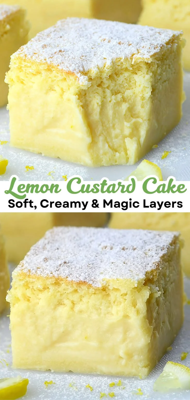 Delicious Magic Lemon Custard Cake with a golden crust and creamy filling