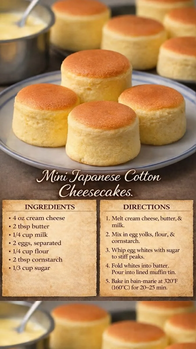 Mini Japanese cheesecake on a plate with fresh strawberries and mint leaves