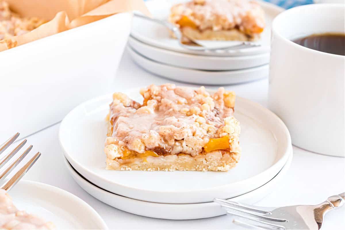 peach pie bars beautifully presented from an overhead angle