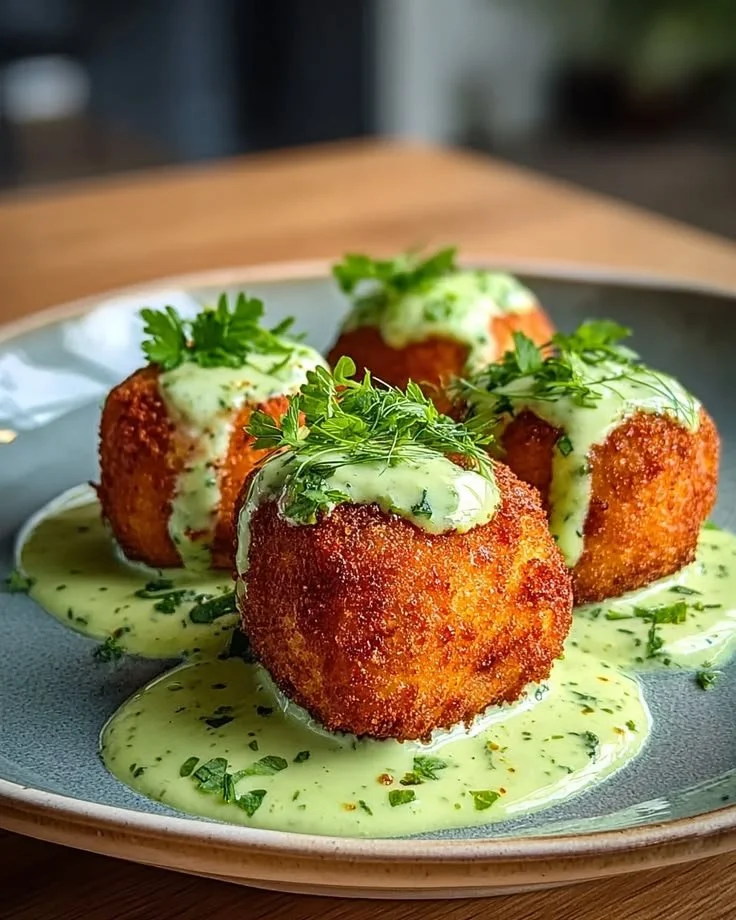 Salmon balls served with a creamy avocado sauce on a plate