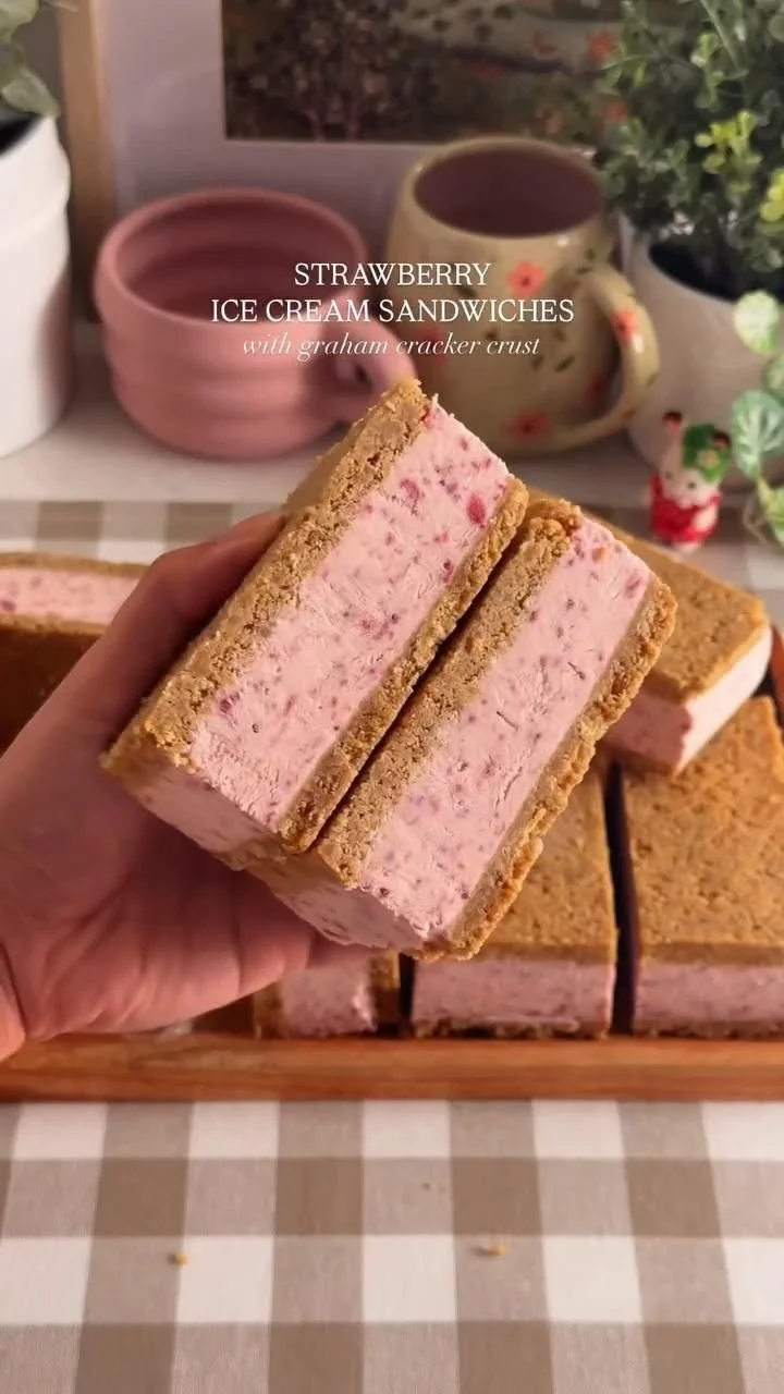 Delicious strawberry ice cream sandwiches on a plate