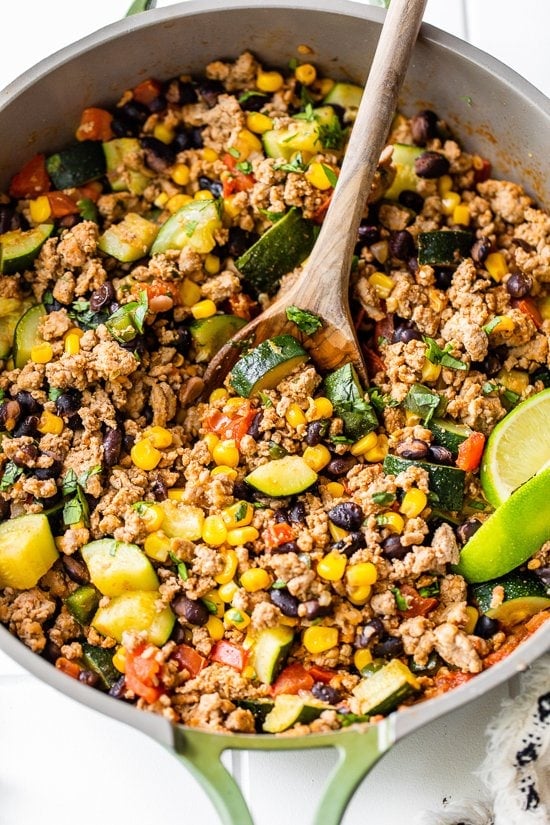 turkey skillet beautifully presented from an overhead angle