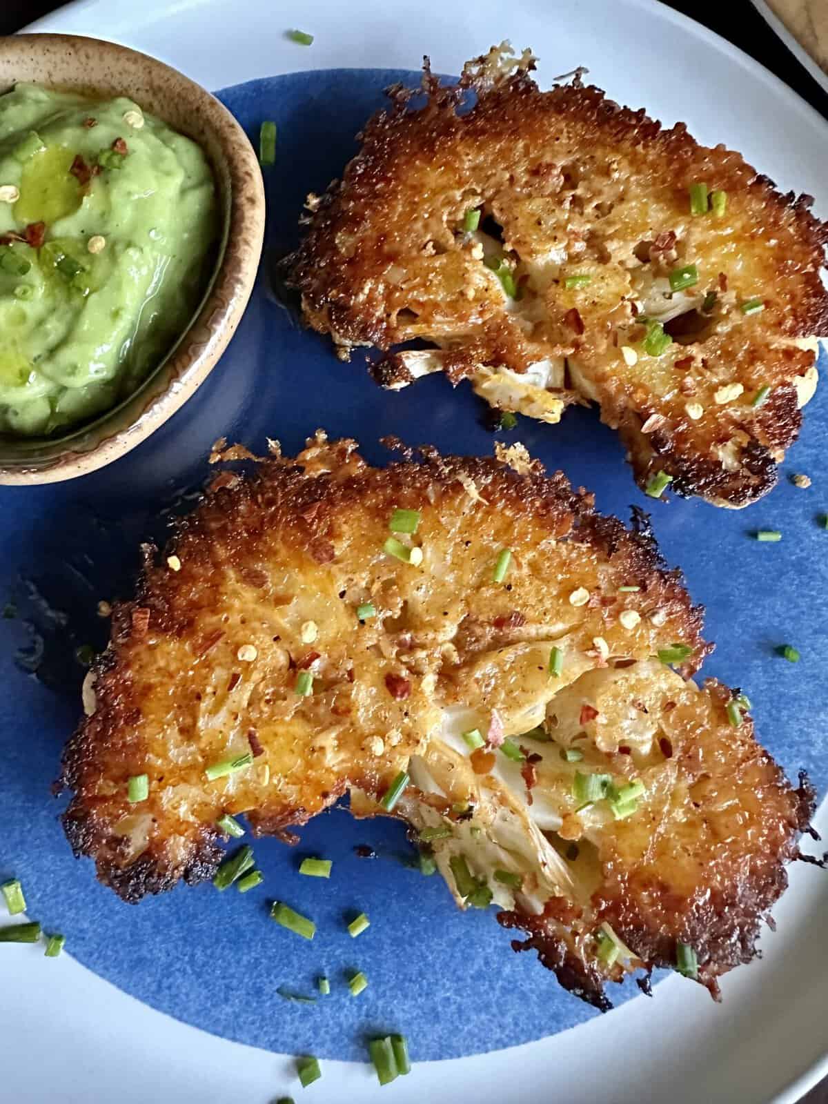 Parmesan cauliflower beautifully presented from an overhead angle